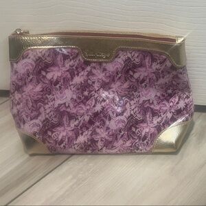 Gold-Trim Purple Floral Cosmetic Pouch